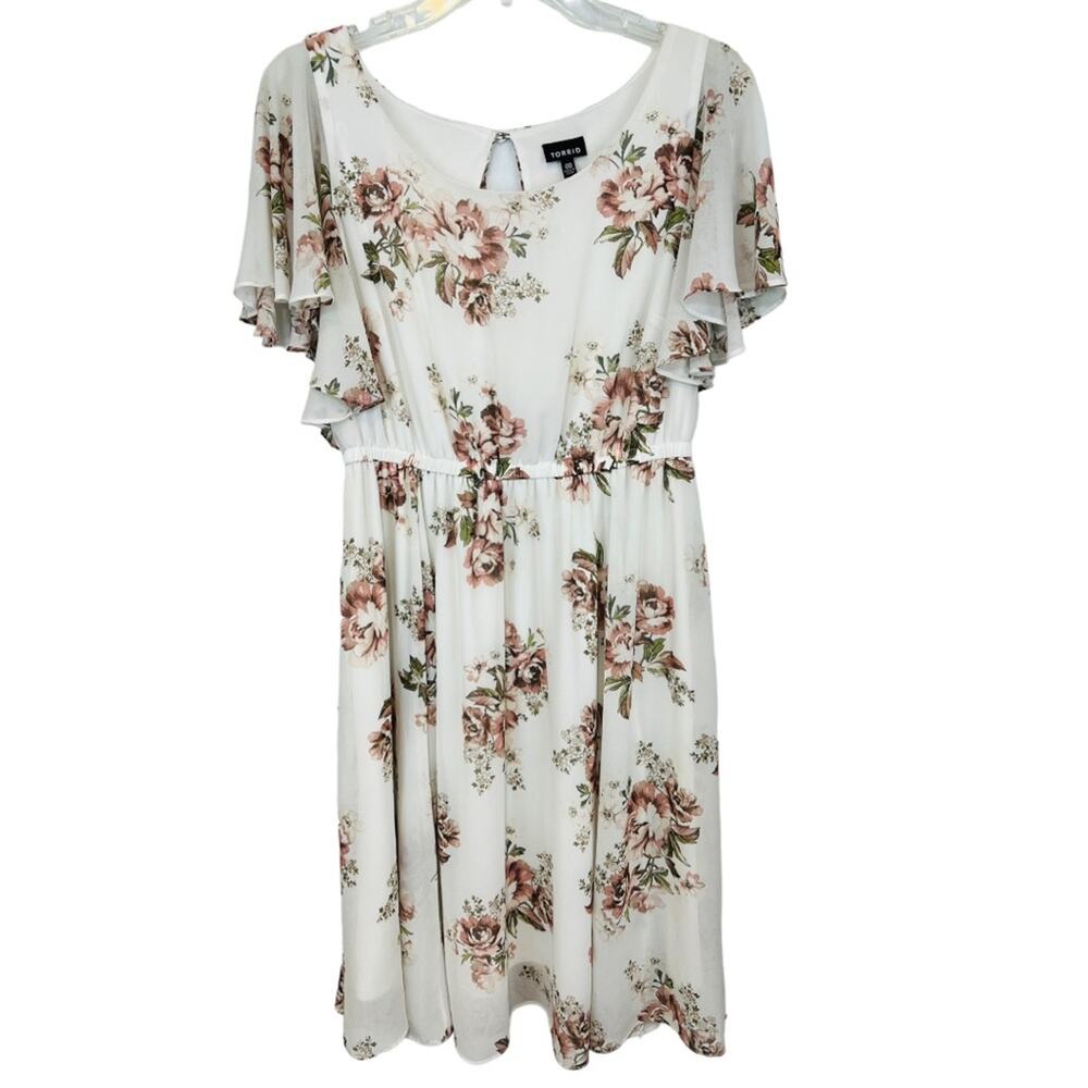 Torrid Ivory Floral Chiffon Skater Dress Flutter Sleeves - Picture 4 of 15